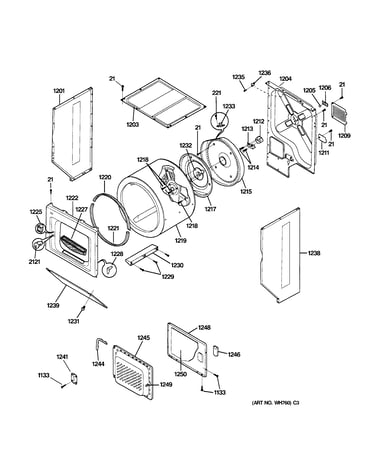 Dryer upper cabinet, drum & heater