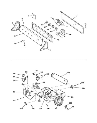 Backsplash, blower & motor assembly