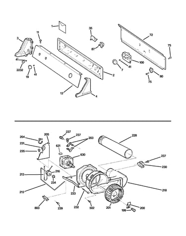 Backsplash, blower & motor assembly