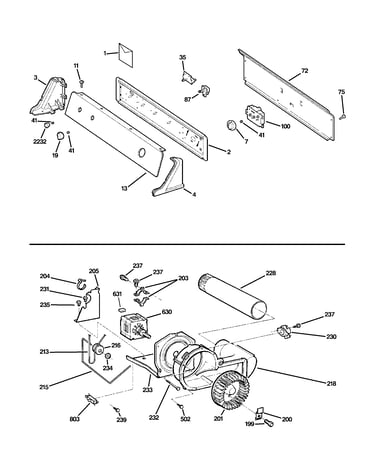 Backsplash, blower & motor assembly