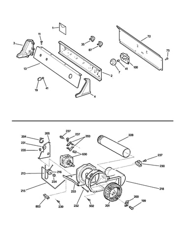 Backsplash, blower & motor assembly
