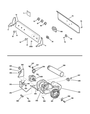 Backsplash, blower & motor assembly