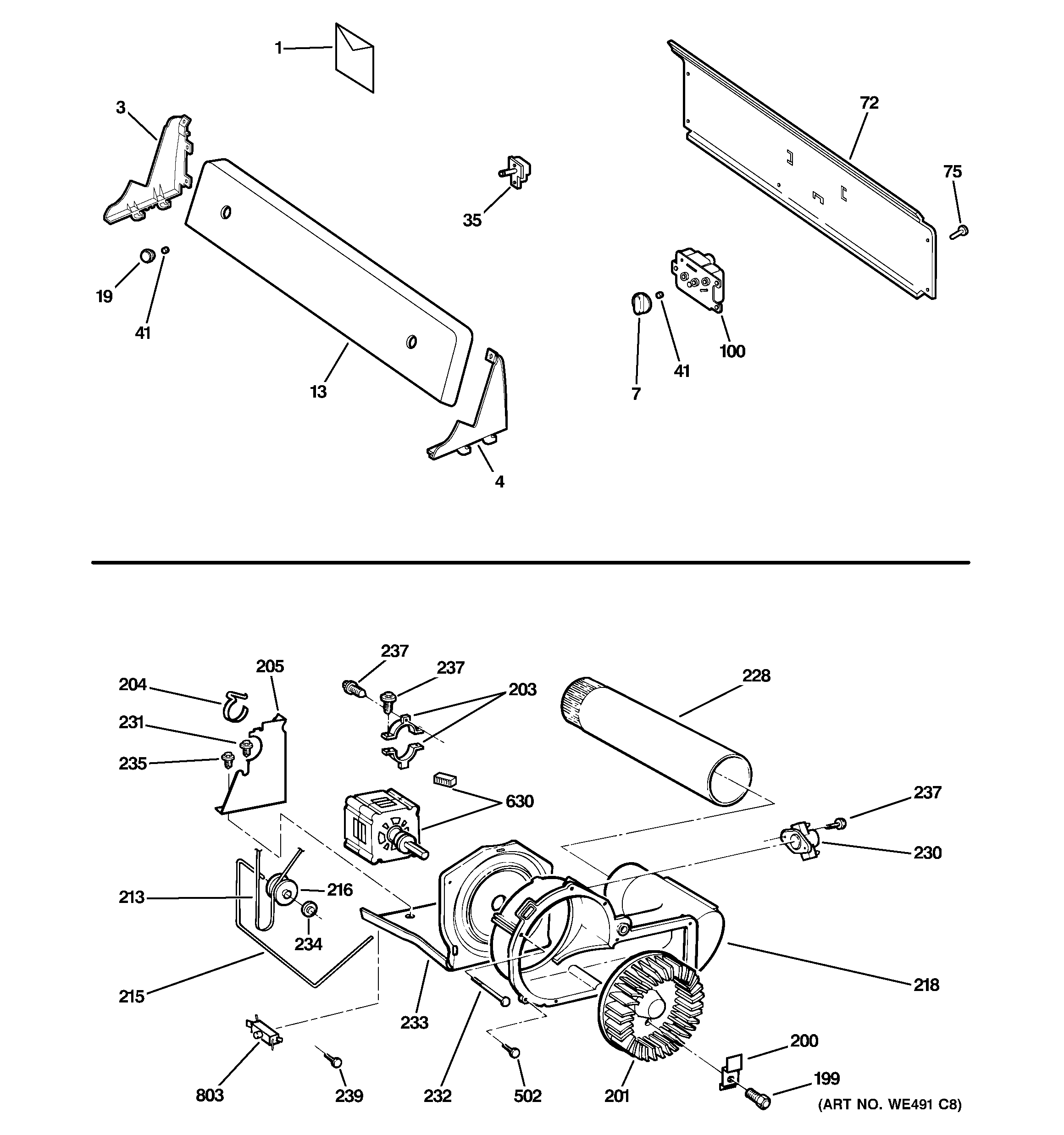 Backsplash, blower & motor assembly