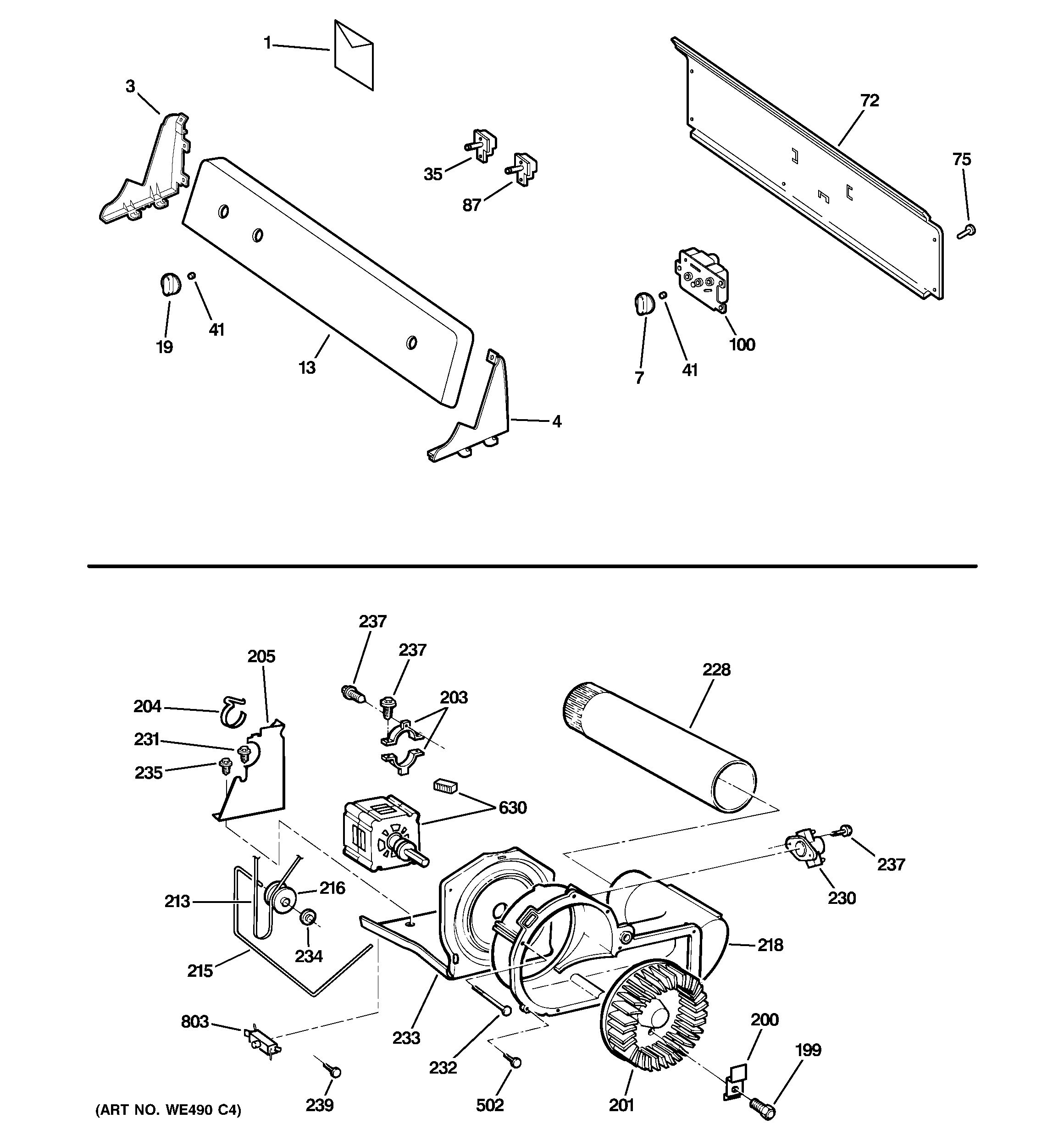 Backsplash, blower & motor assembly