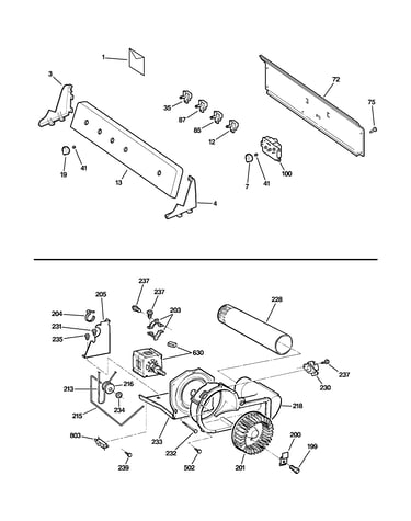Backsplash, blower & motor assembly