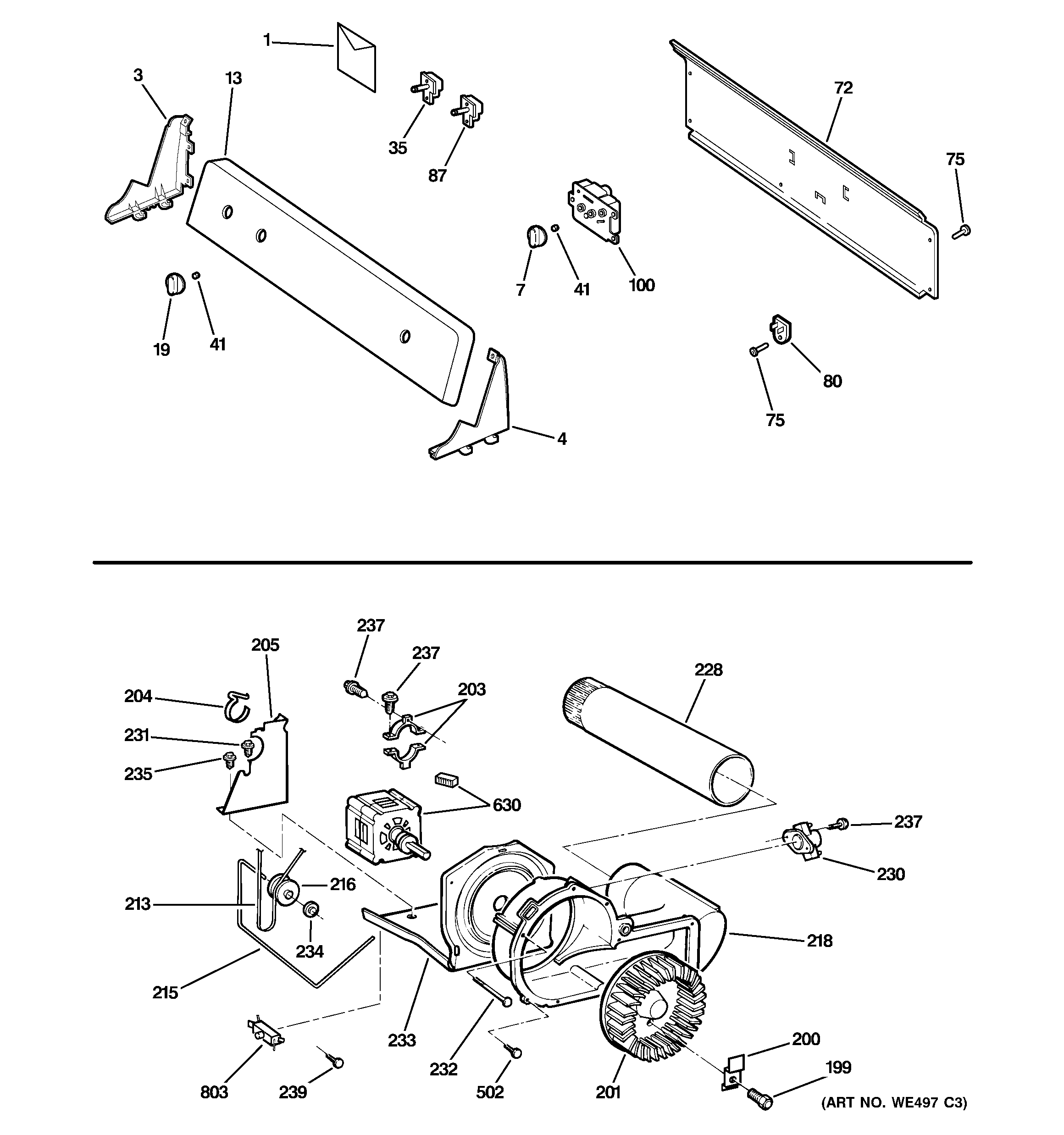 Backsplash, blower & motor assembly