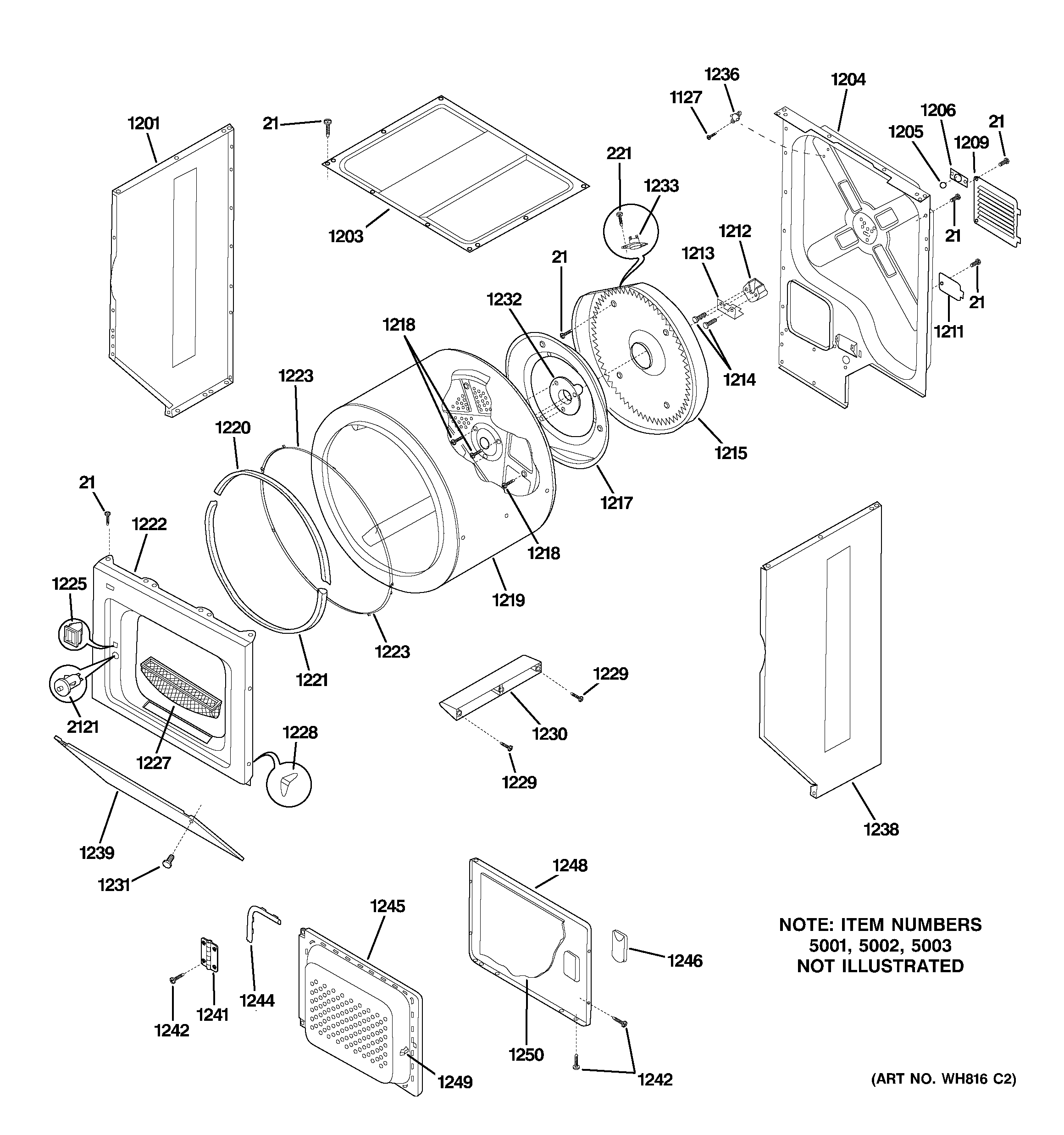 Dryer upper cabinet, drum & heater