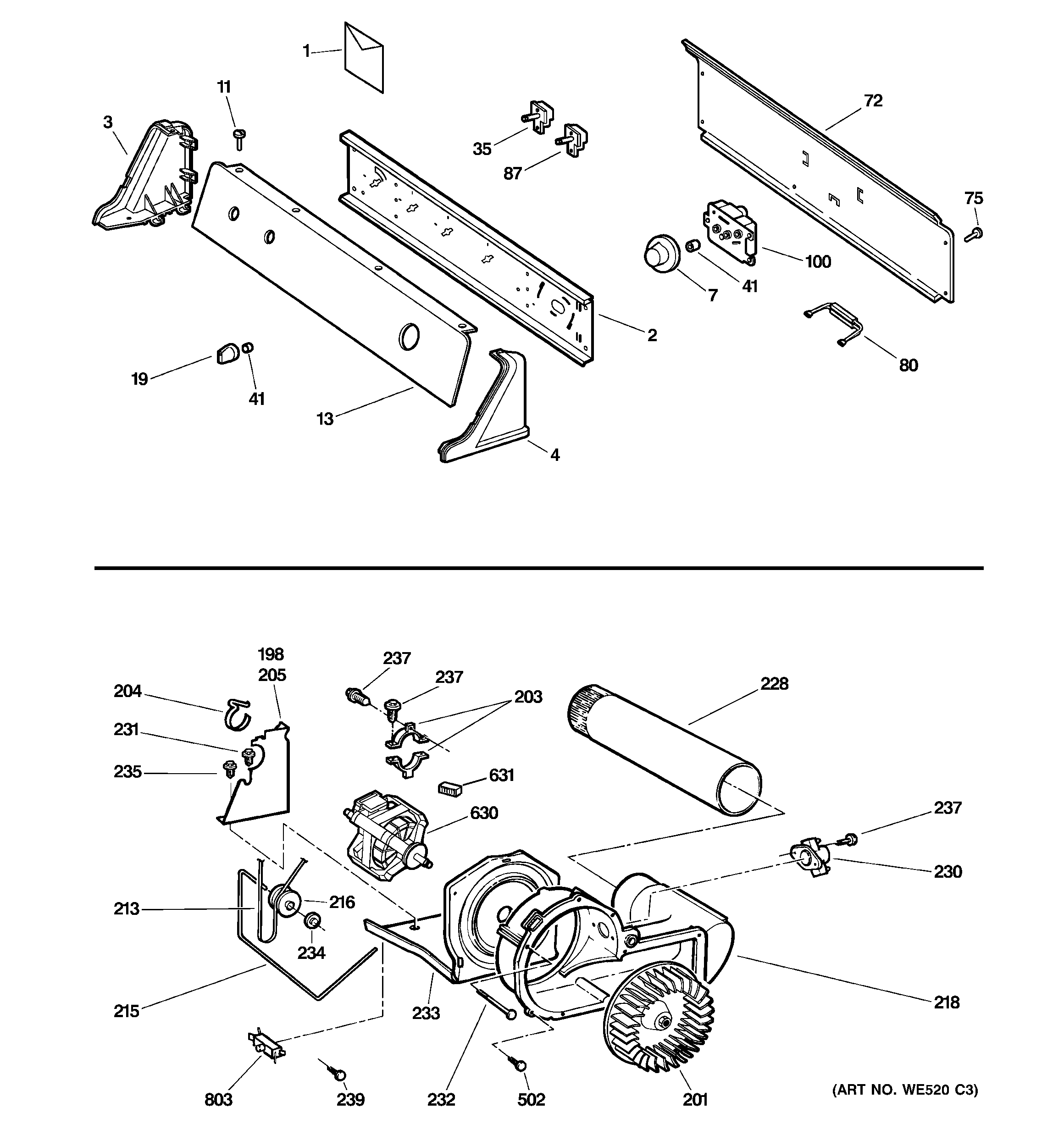 Backsplash, blower & motor assembly