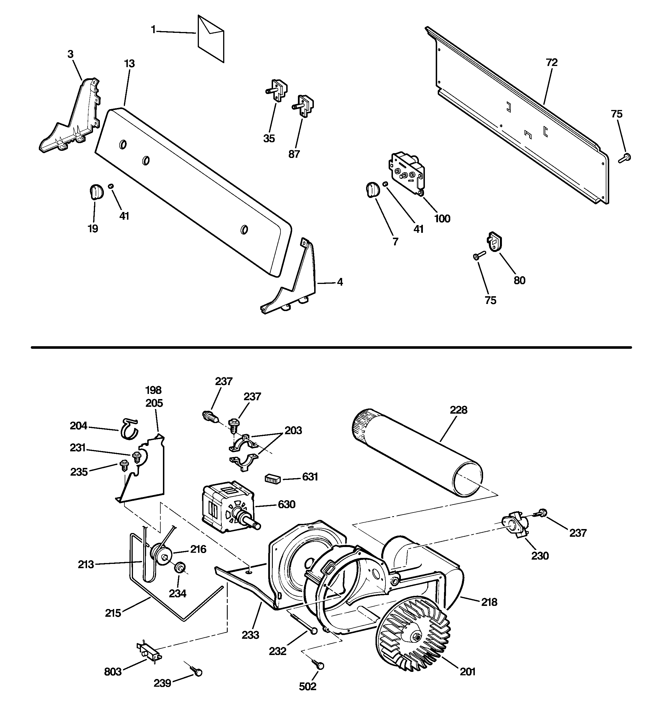 Backsplash, blower & motor assembly