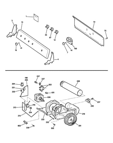 Backsplash, blower & motor assembly