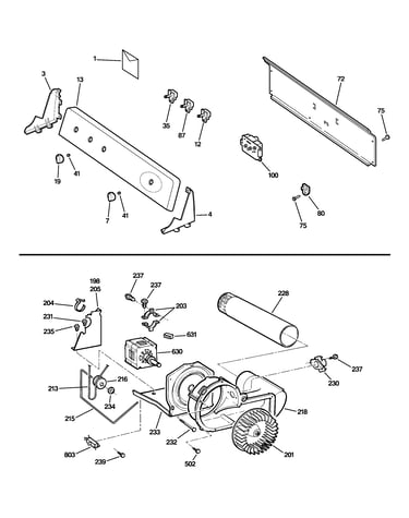 Backsplash, blower & motor assembly