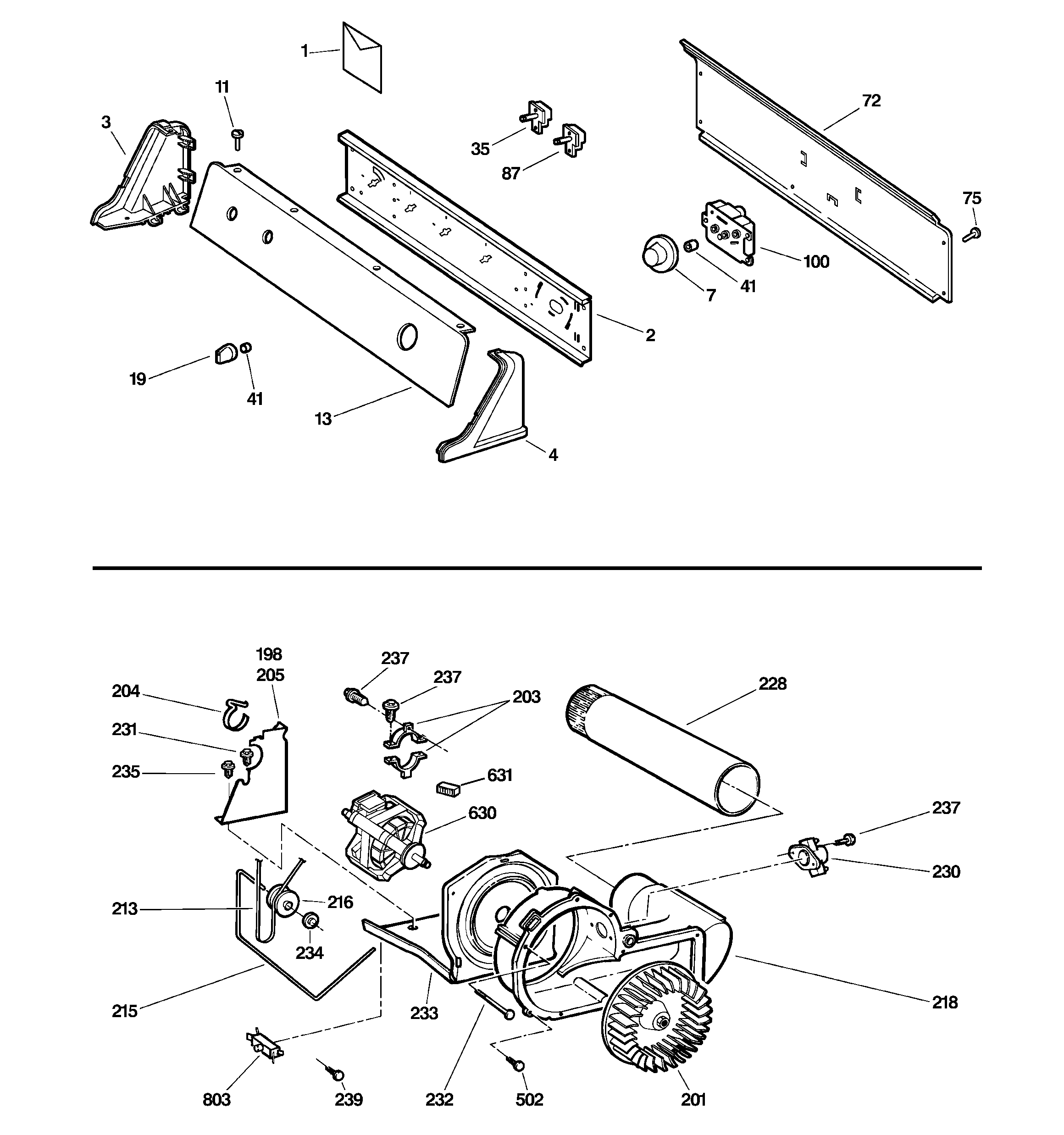 Backsplash, blower & motor assembly
