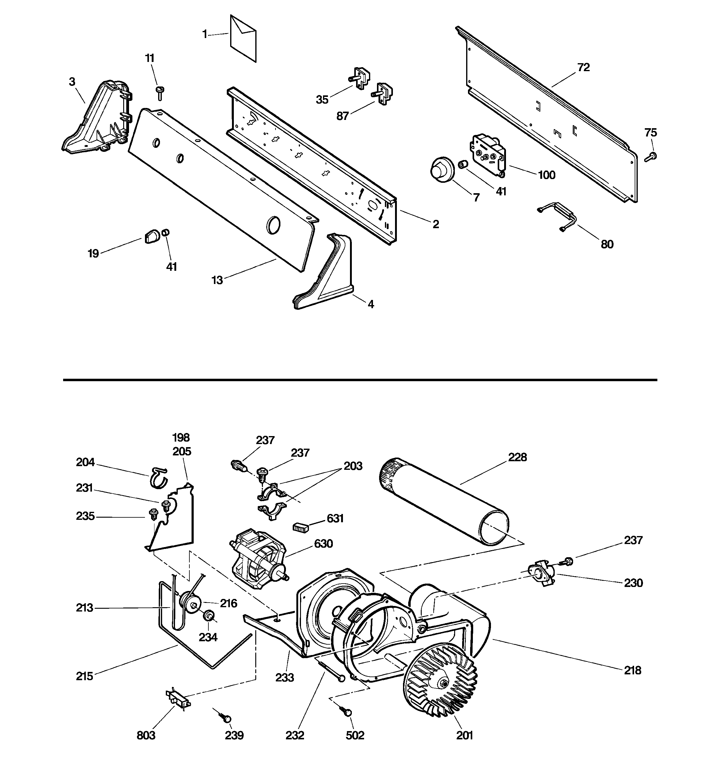 Backsplash, blower & motor assembly