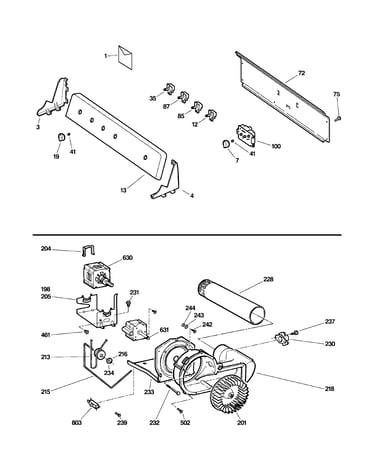 Backsplash, blower & motor assembly