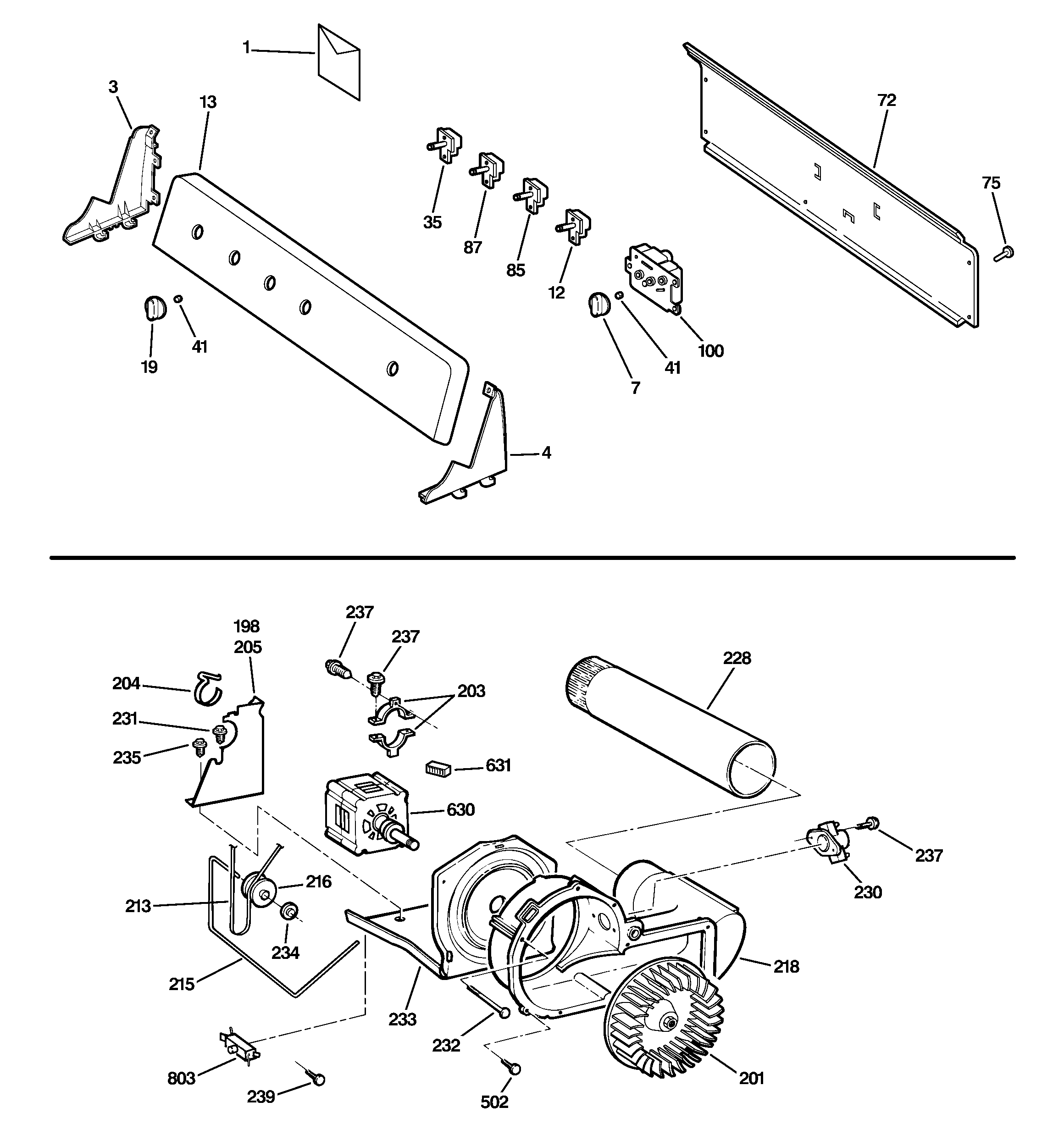 Backsplash, blower & motor assembly