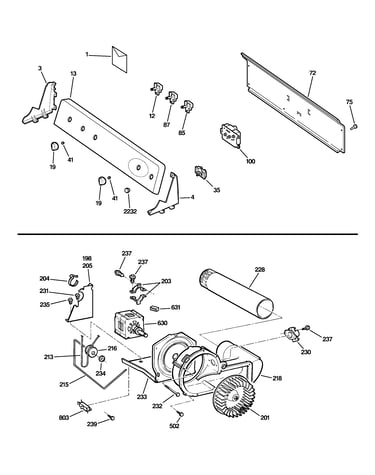 Backsplash, blower & motor assembly