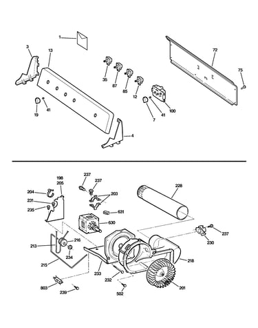 Backsplash, blower & motor assembly