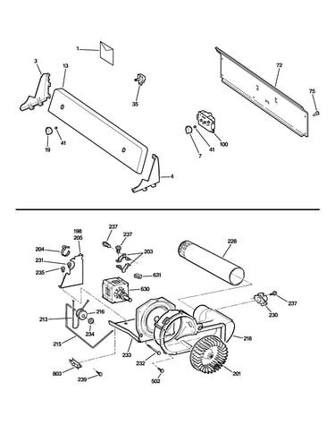 Backsplash, blower & motor assembly