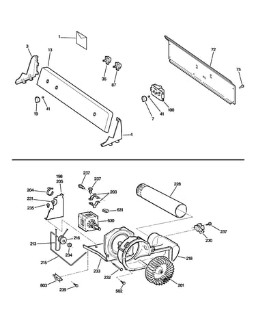 Backsplash, blower & motor assembly