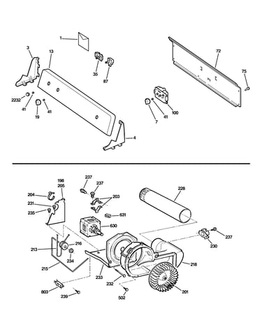 Backsplash, blower & motor assembly