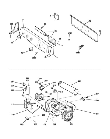 Backsplash, blower & motor assembly