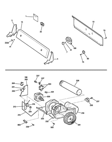 Backsplash, blower & motor assembly