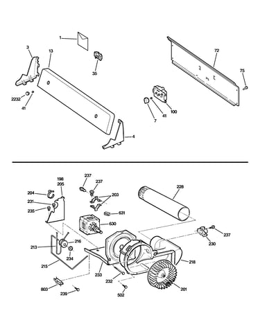 Backsplash, blower & motor assembly