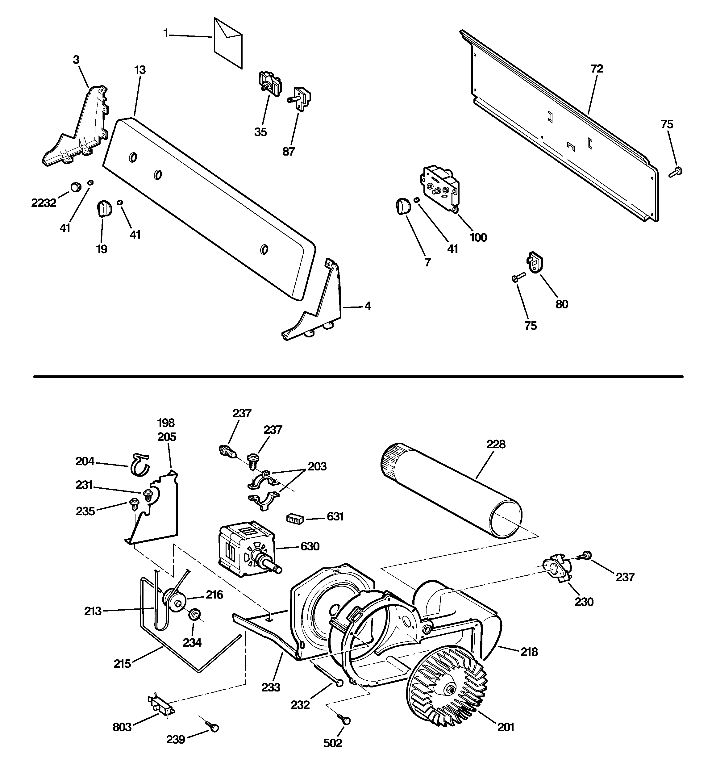 Backsplash, blower & motor assembly