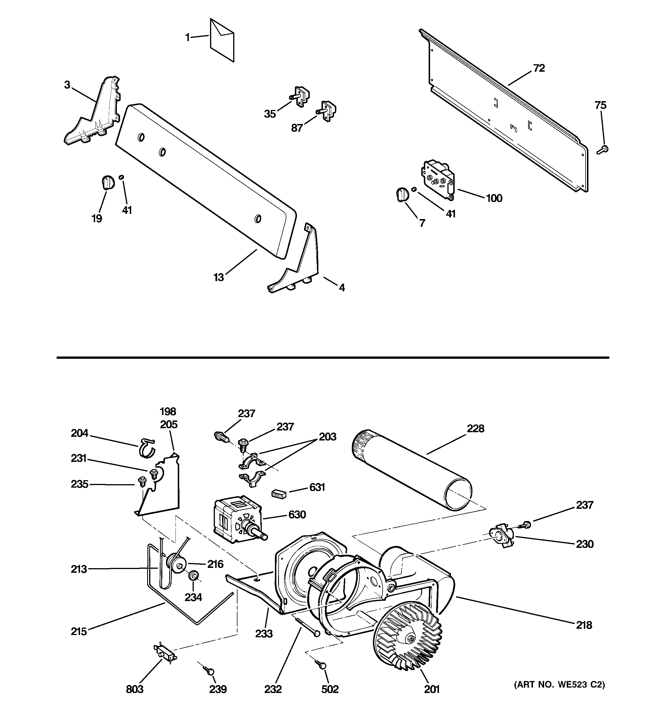 Backsplash, blower & motor assembly