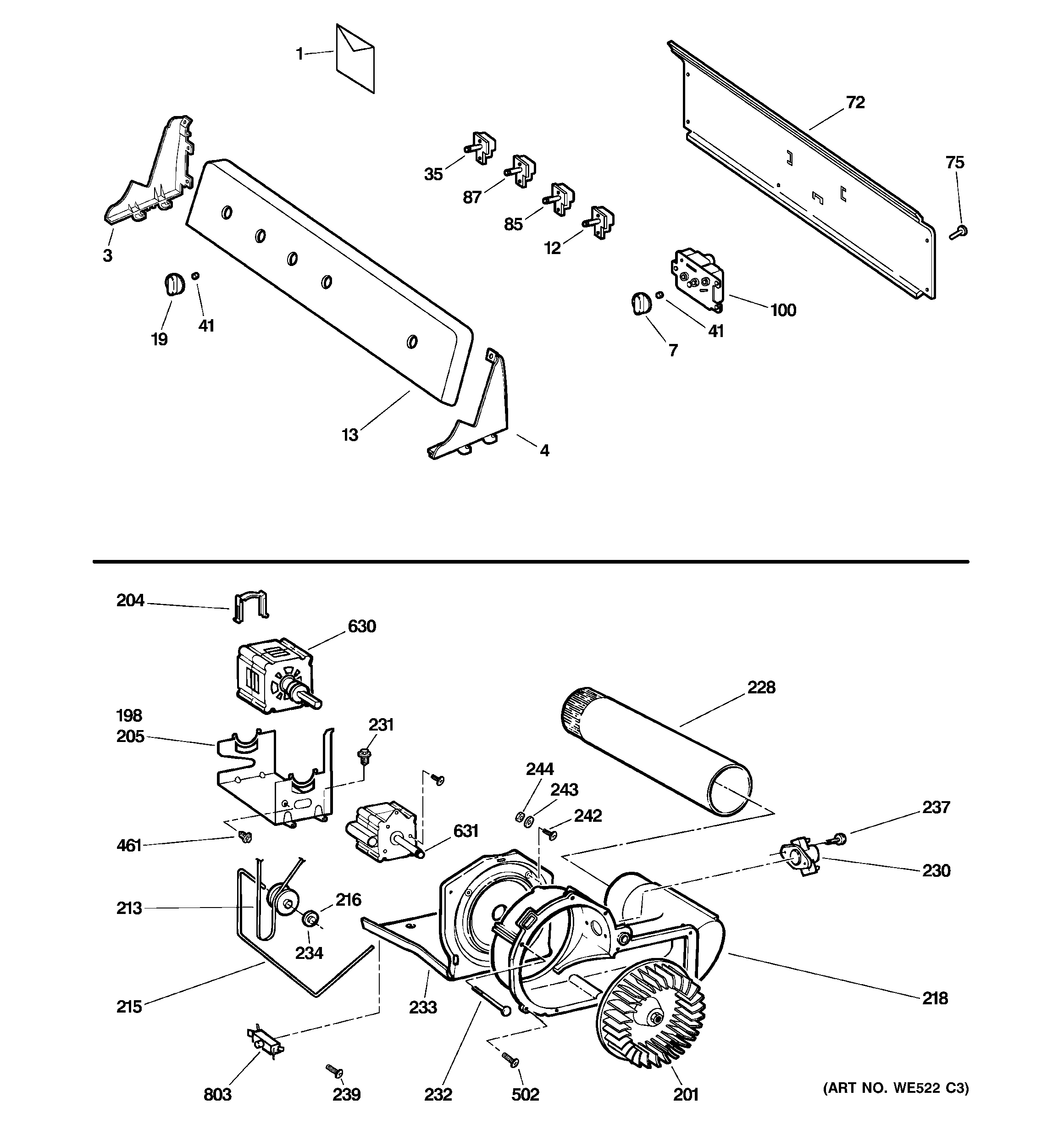 Backsplash, blower & motor assembly