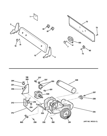 Backsplash, blower & motor assembly