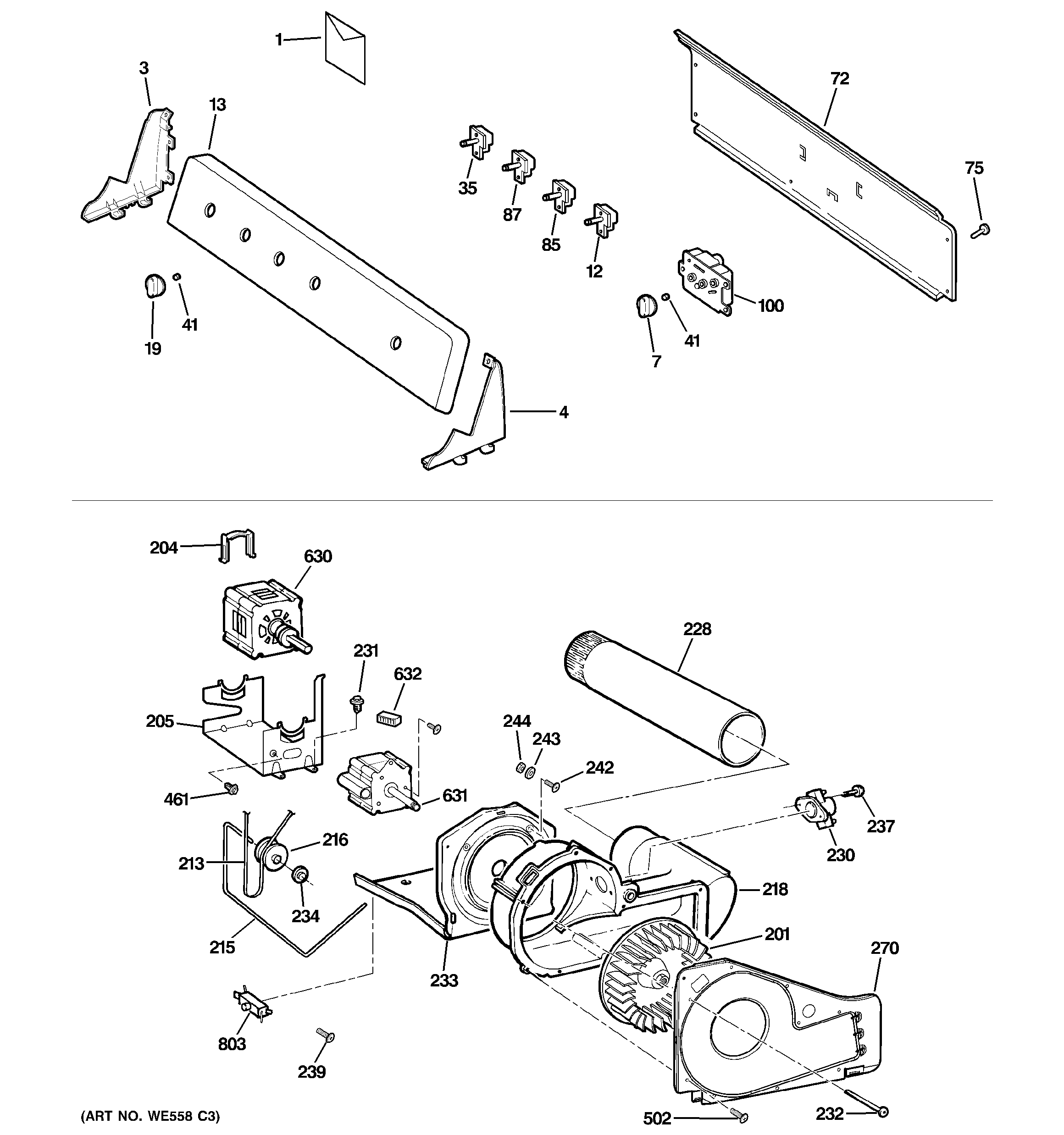 Backsplash, blower & motor assembly