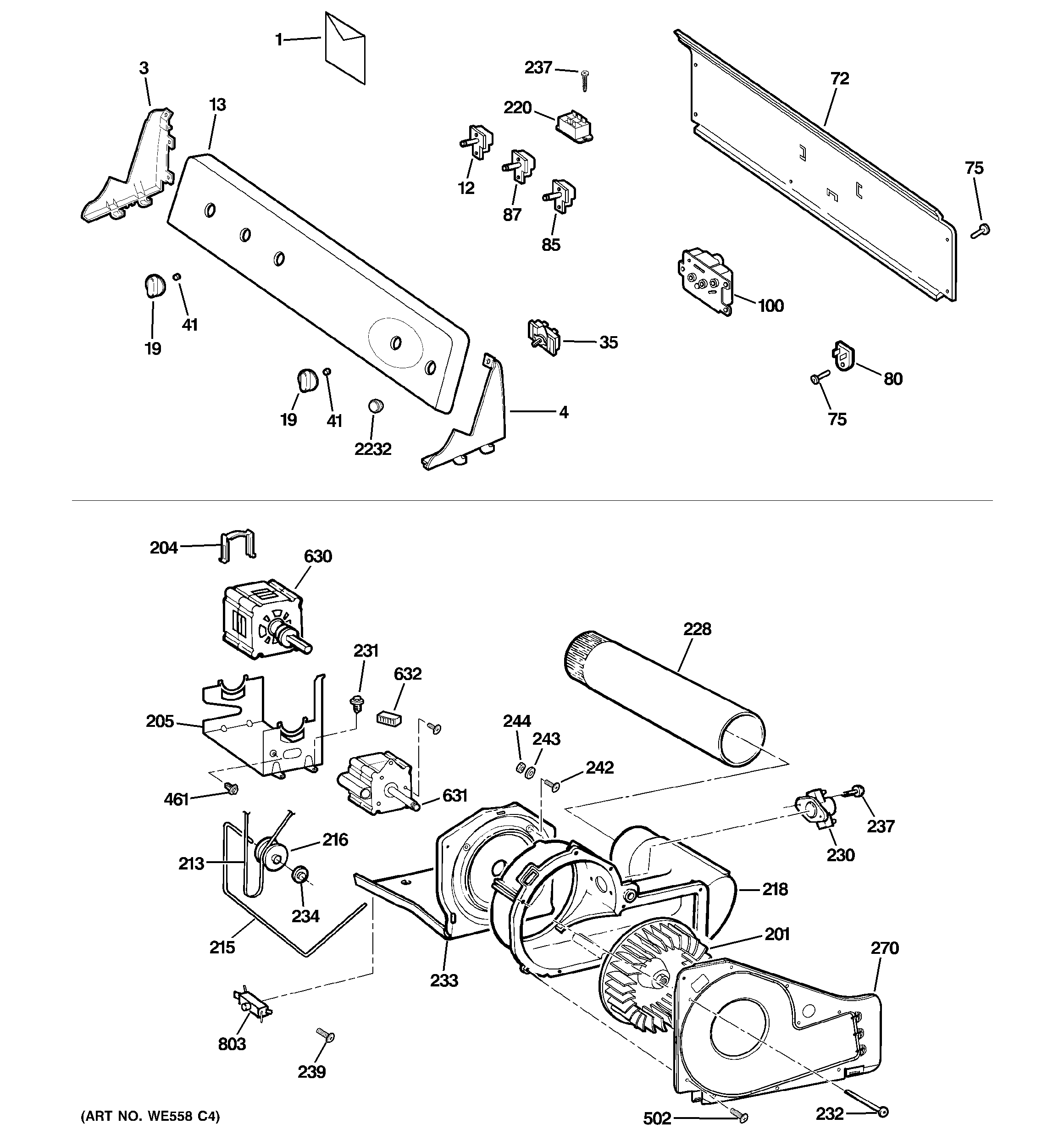 Backsplash, blower & motor assembly