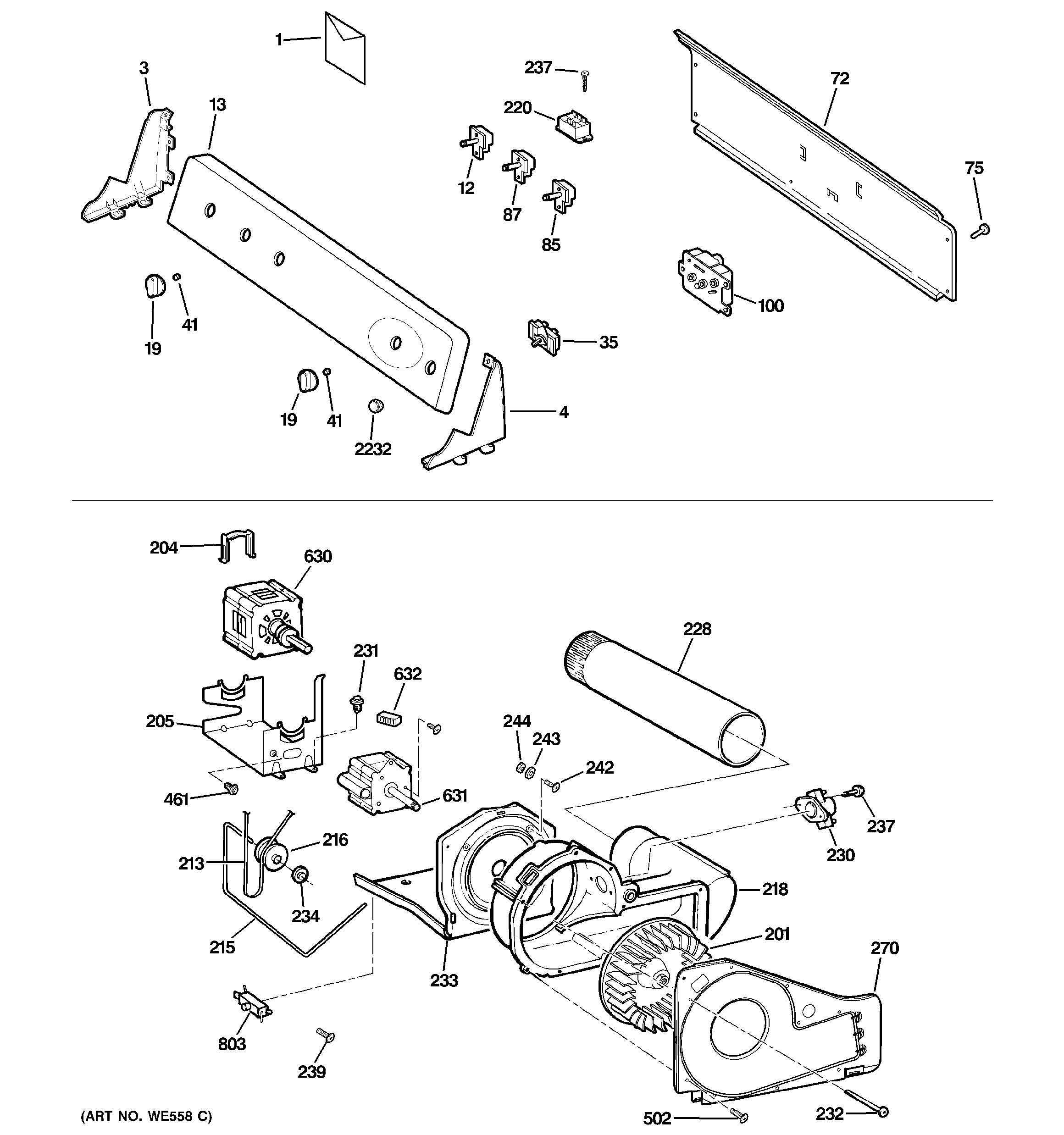 Backsplash, blower & motor assembly