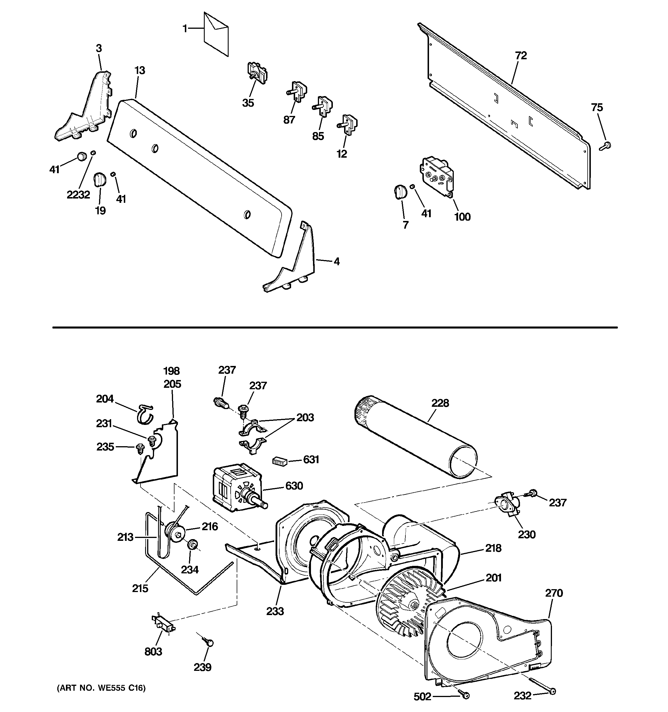 Backsplash, blower & motor assembly