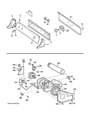 Backsplash, blower & motor assembly