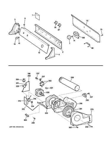 Backsplash, blower & motor assembly