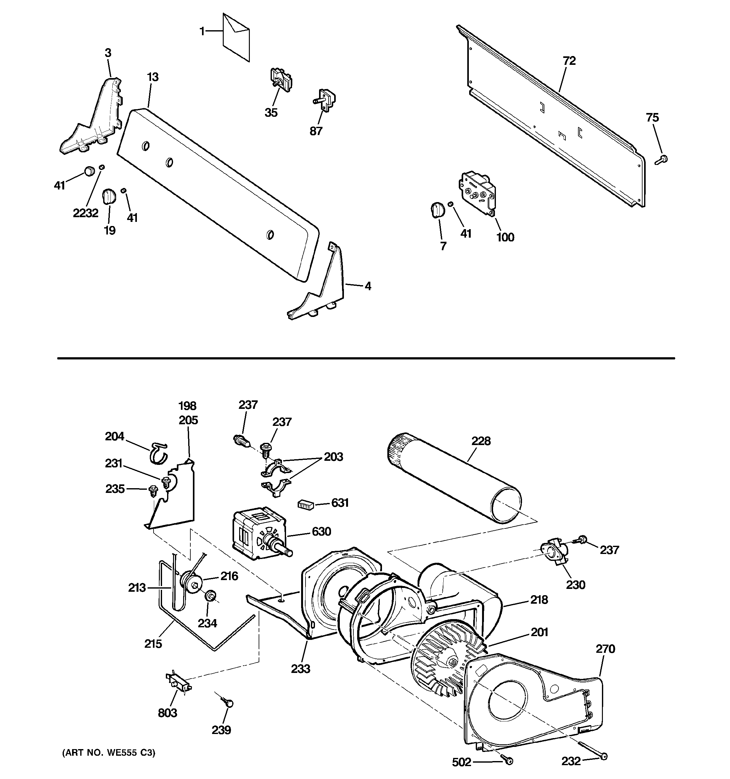 Backsplash, blower & motor assembly