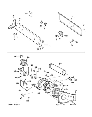 Backsplash, blower & motor assembly