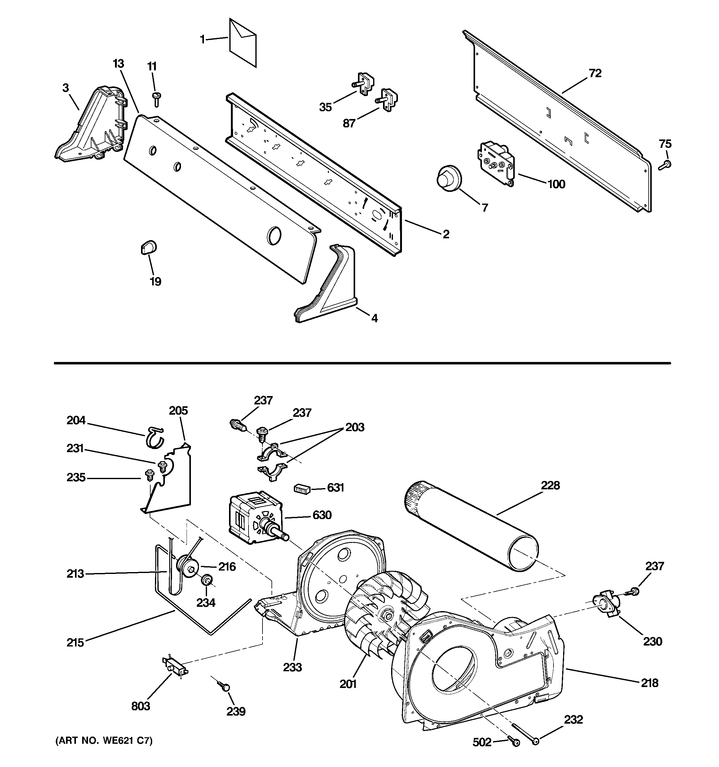 Backsplash, blower & motor assembly