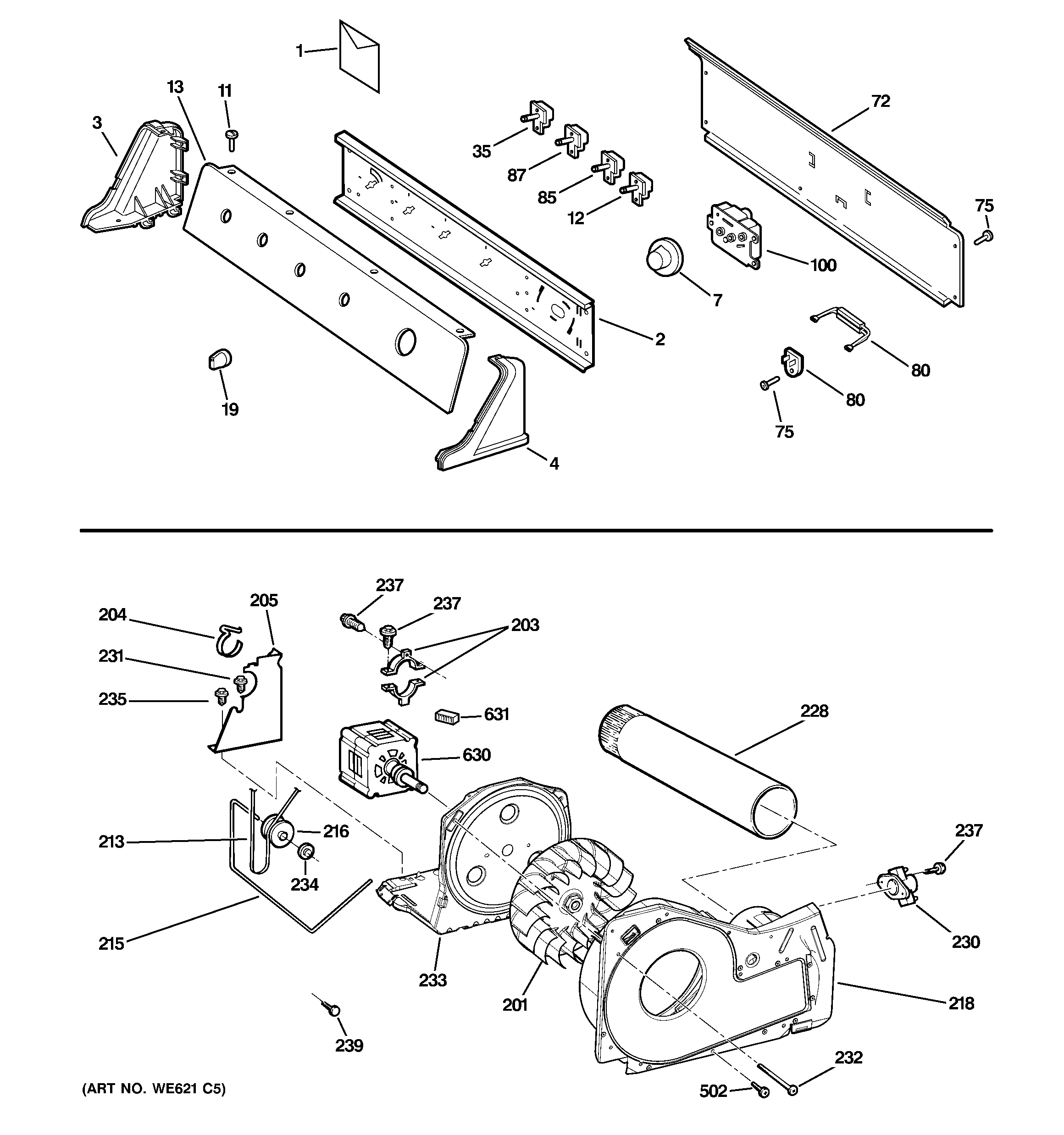 Backsplash, blower & motor assembly