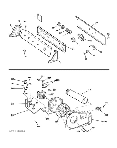 Backsplash, blower & motor assembly