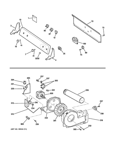 Backsplash, blower & motor assembly