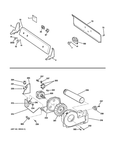 Backsplash, blower & motor assembly