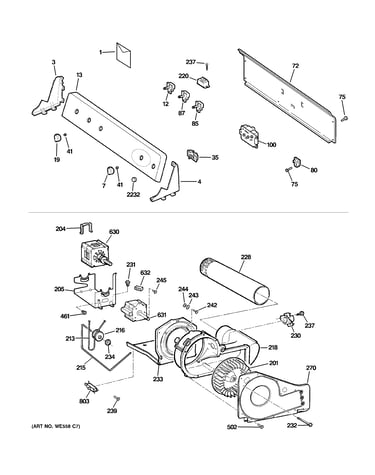 Backsplash, blower & motor assembly
