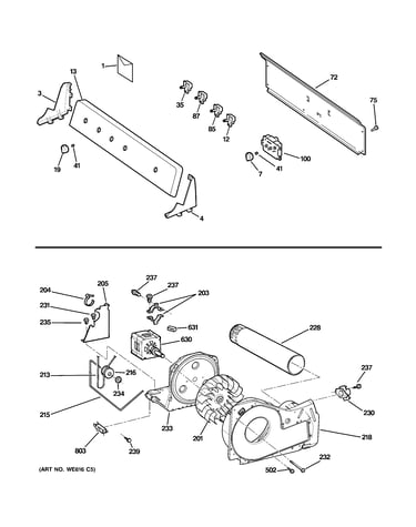 Backsplash, blower & motor assembly