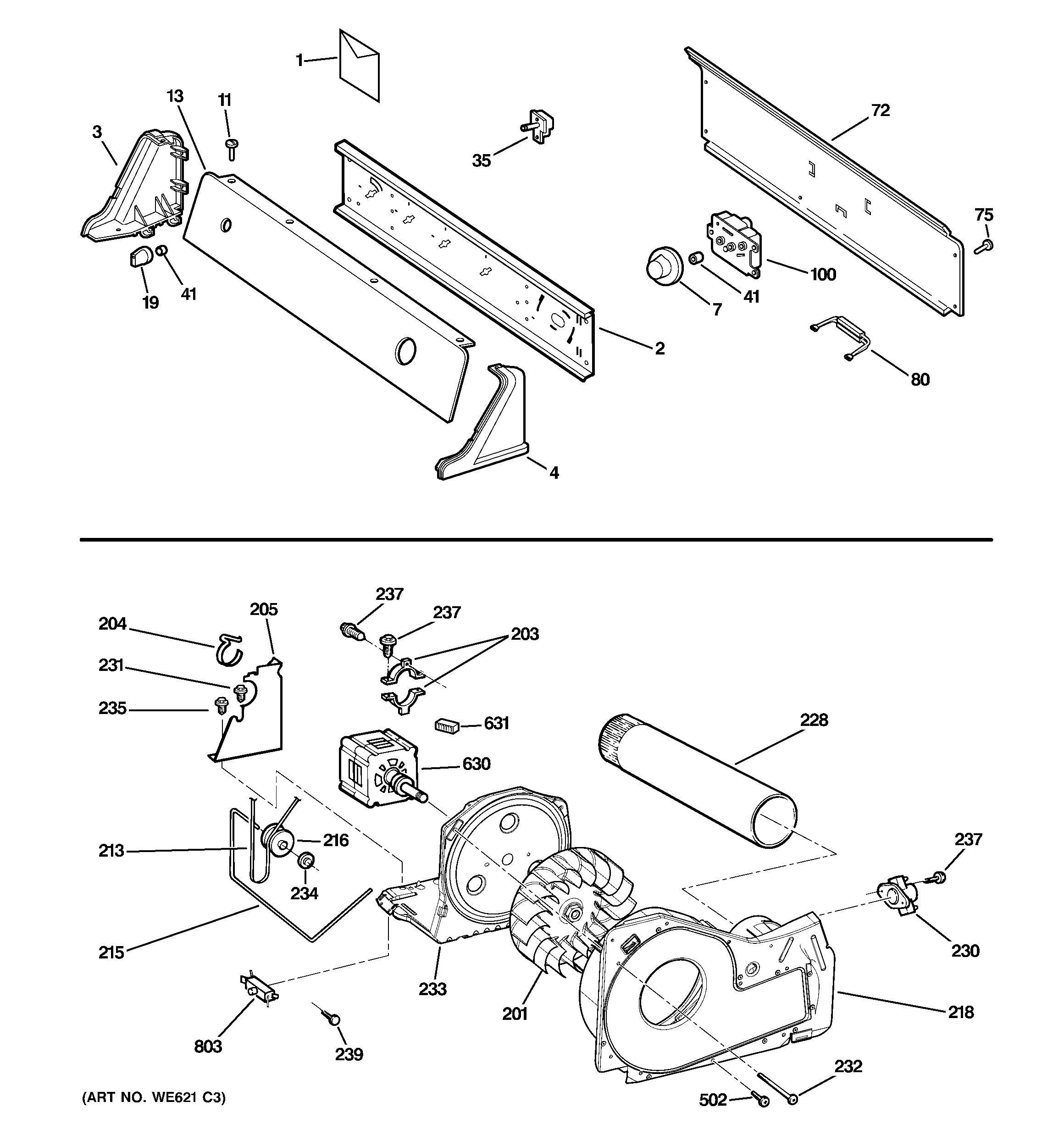 Backsplash, blower & motor assembly