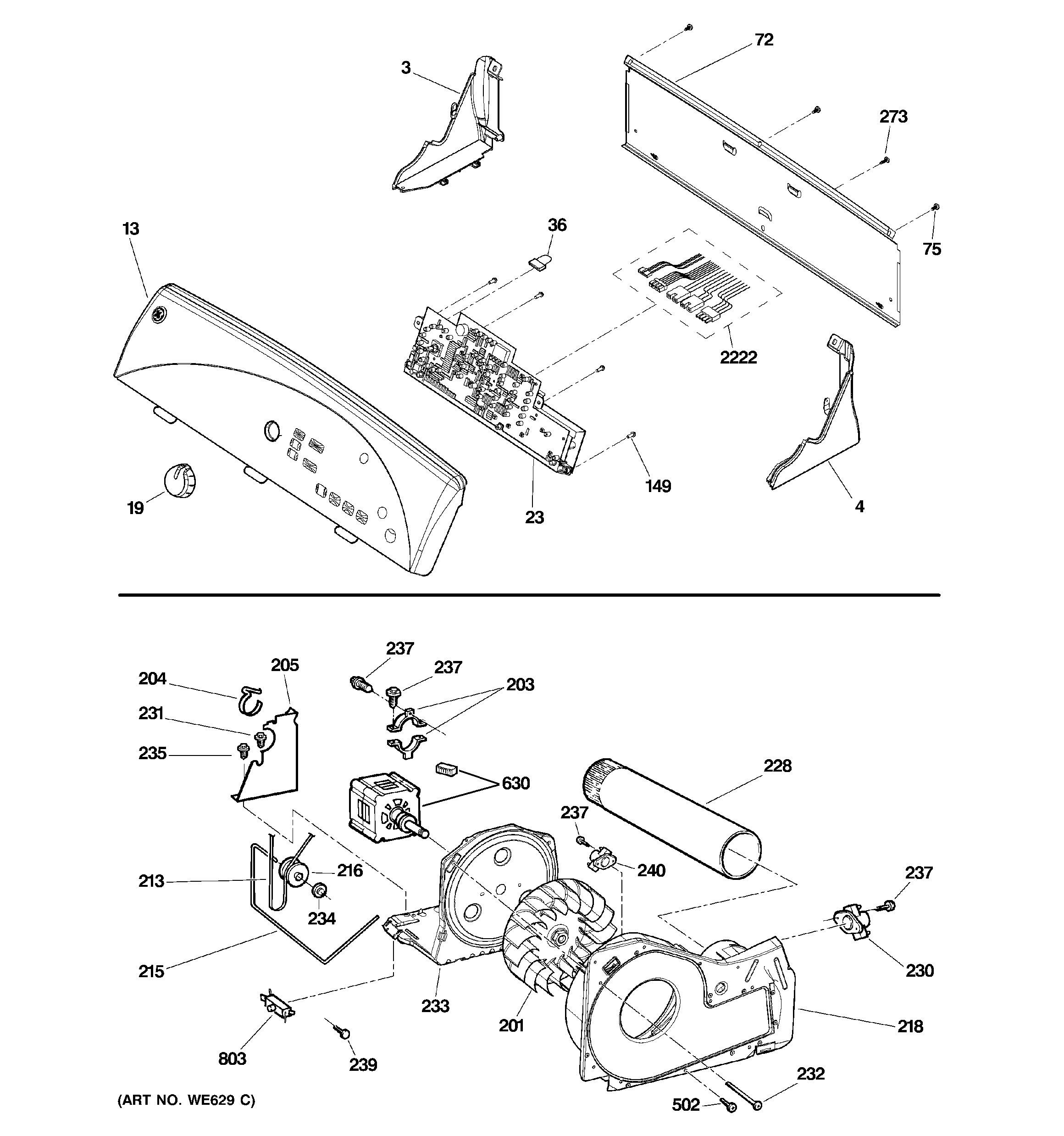 Backsplash, blower & motor assembly