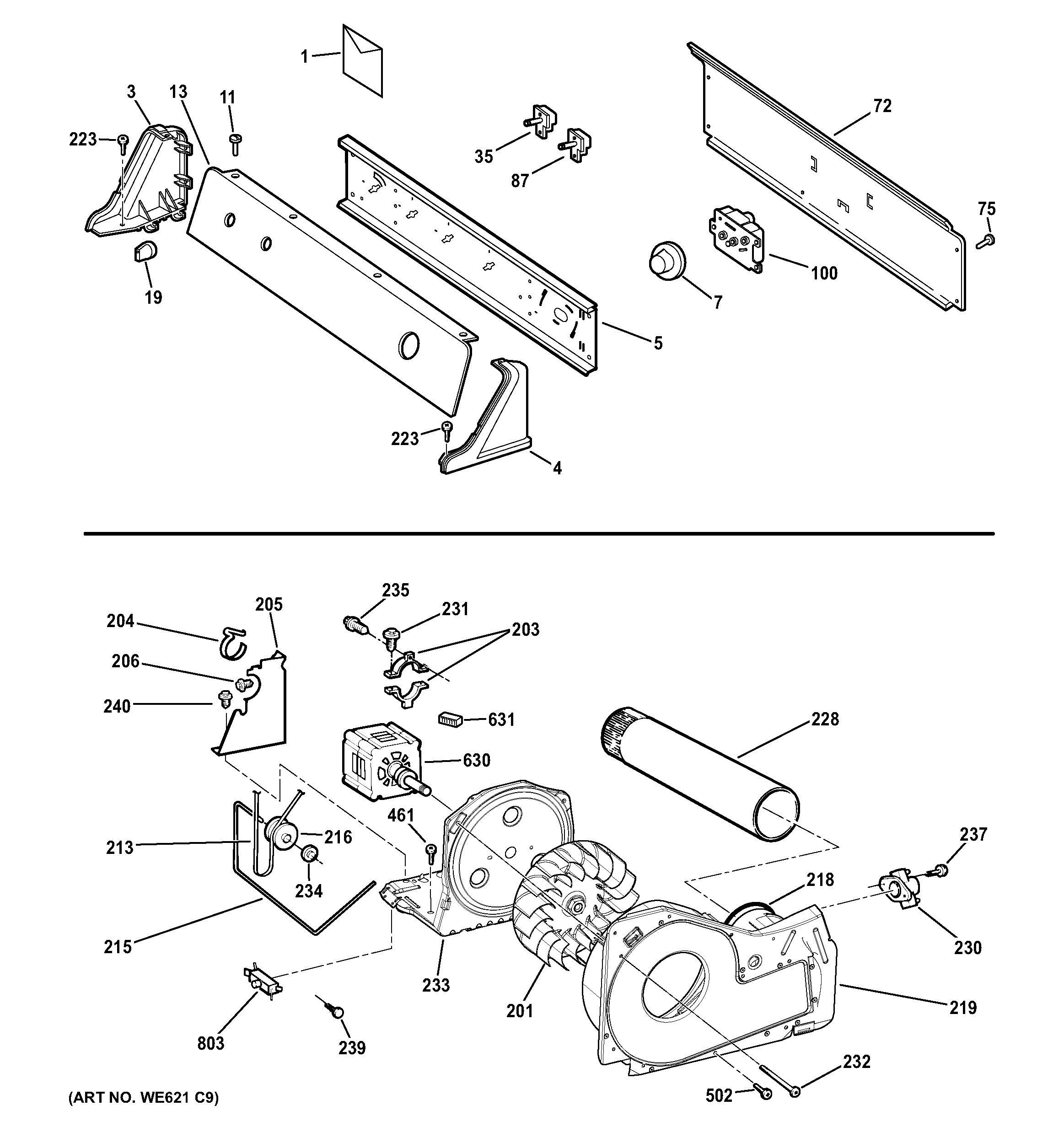 Backsplash, blower & motor assembly