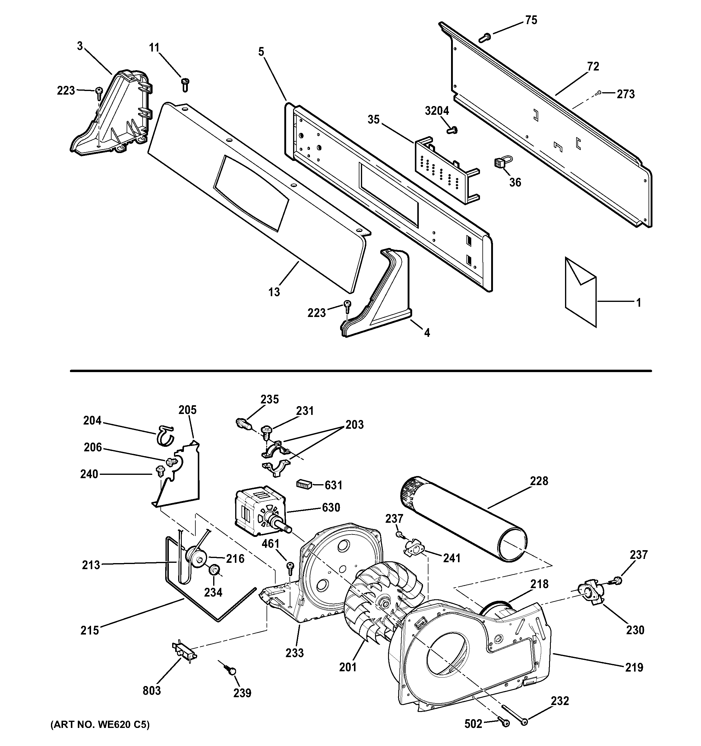 Backsplash, blower & motor assembly
